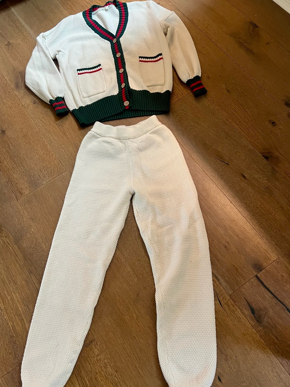 Free People Inspired Knit Lounge Set White w/Designer Inspired Stripe Detail